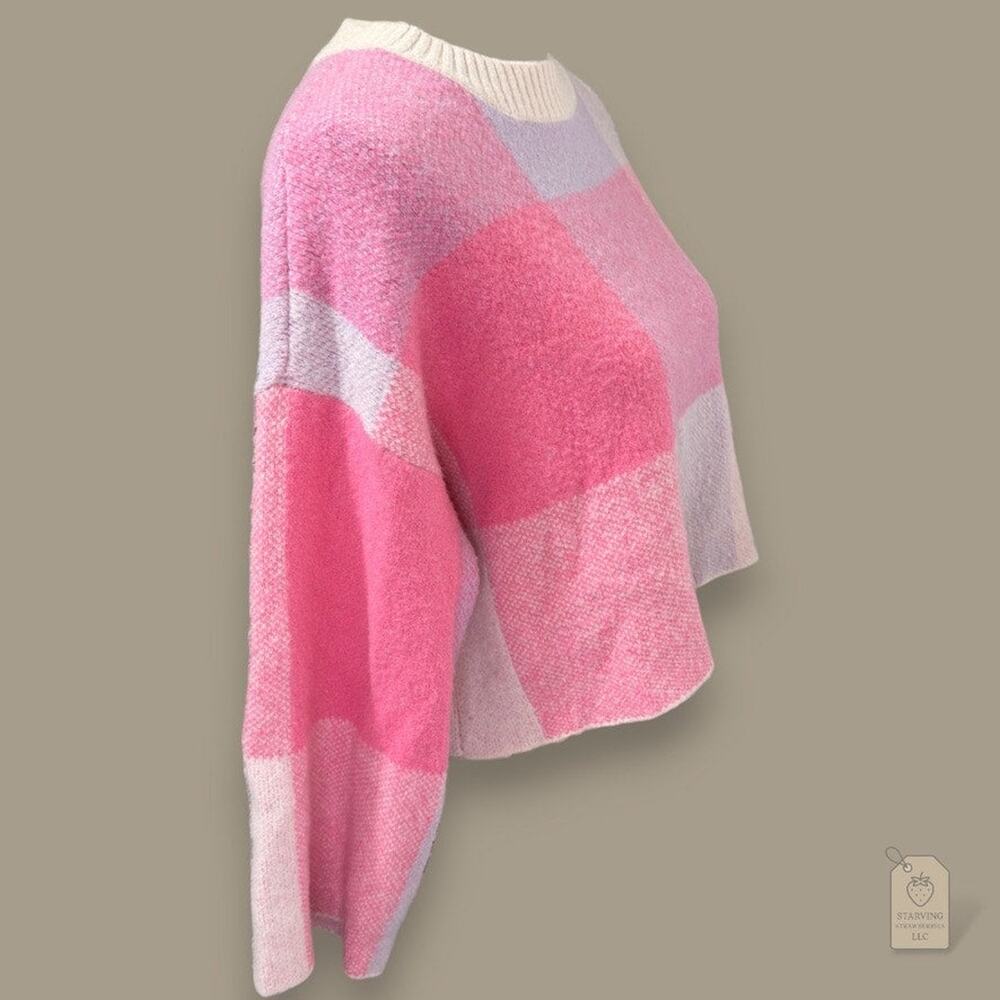 Pink & Lavender Plaid Cropped Sweater Women's XS | Wide Sleeves - Picture 3 of 7